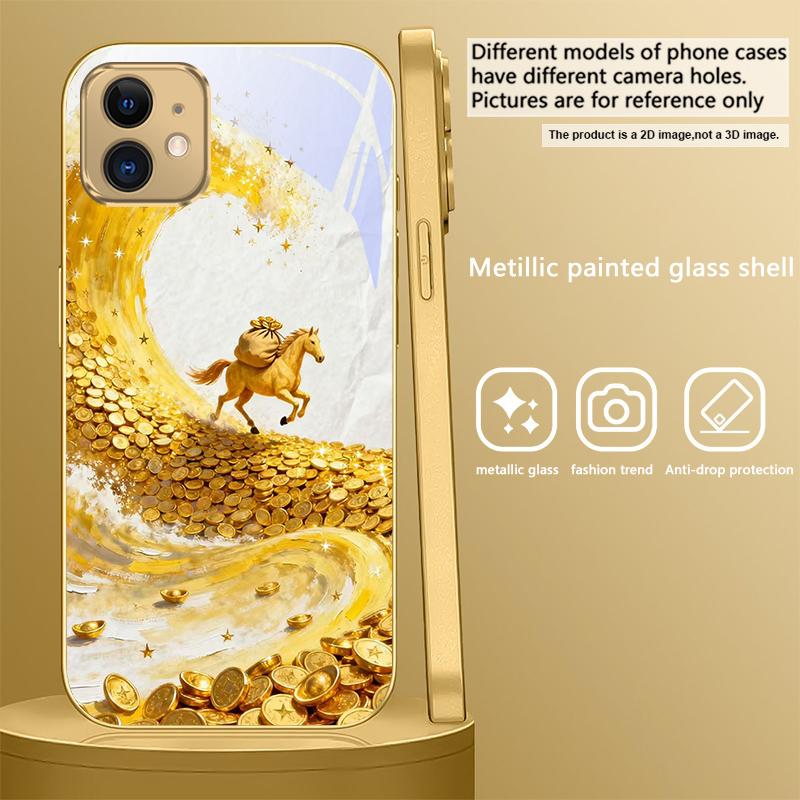 golden galloping horse For IPhone 17Pro Max 16 17 Pro 15 Pro 14 13 Plus 12 Mini 11Pro Max XR 16E 17 Air Golden glass phone case