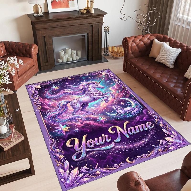 Alfombra de Suelo de Terciopelo de Cristal con Temática de Unicornio, Alfombra Cálida Personalizada con Nombre y Texto, Decoración del Hogar