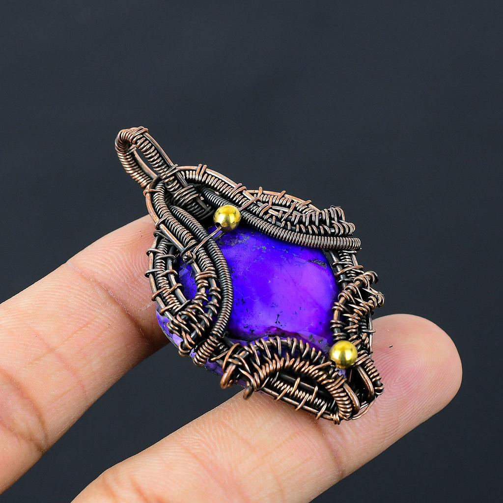 Purple Dendrite Opal Gemstone Pure Copper Wire Wrapped Handmade Pendant Jewelry Gift