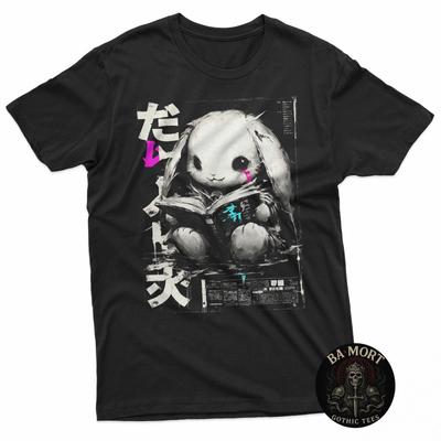 Dark Manga Bunny Reading Book Fantasy 100% Cotton T-shirt Mens Tees Top