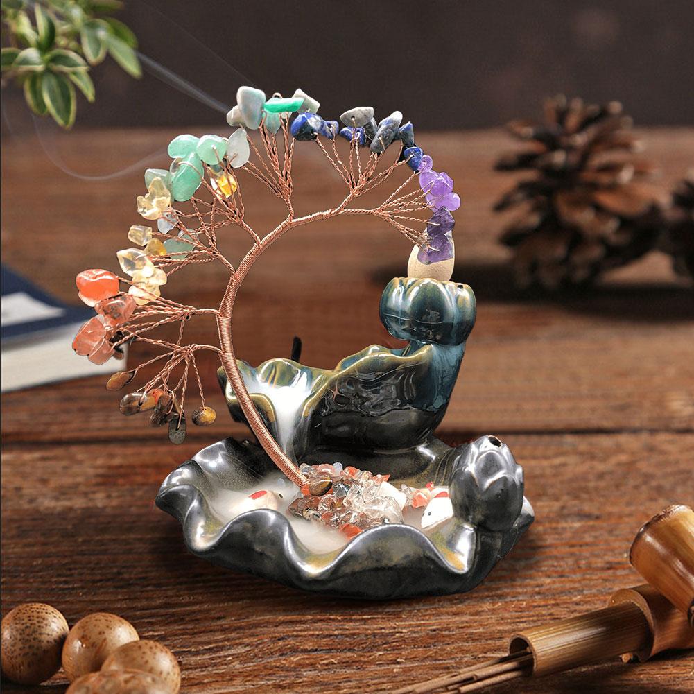 7 Chakra Baum Geldbaum Aschenbecher Heimdeko Wasserfall Brenner mit Heilkristallstein Feng Shui Dekoration für Wohlstand Glück