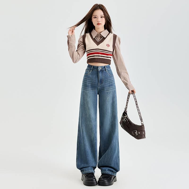 Retro Wide-Leg Women's Jeans - Spring Casual High-Waist Loose Fit Floor-Length Pants