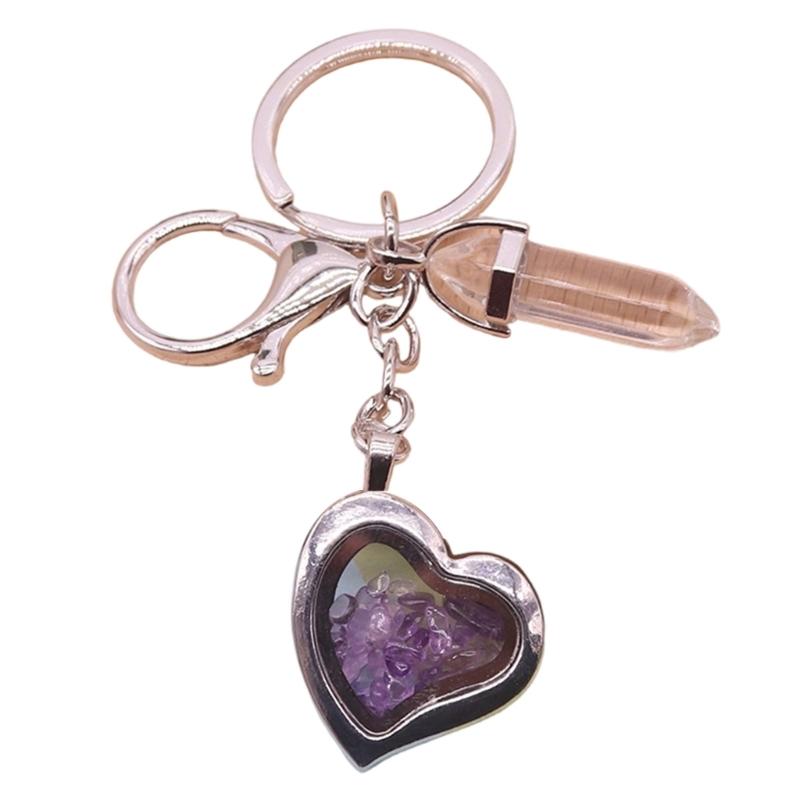 Natural Stone Heart Shaped Photo Frame Keychain Featuring Crystals Accent And Diamonds