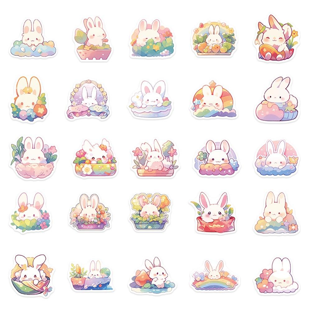 Diy Sticker Set 50 Cartoon Bunny Decals In Rainbow Colors Perfect For Decorating Suitcases Notebooks And Phone Covers