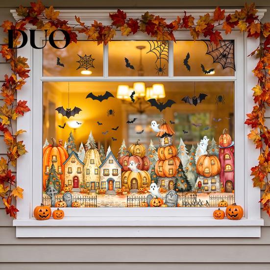Waterproof Holiday Window Film Halloween Clings, Pumpkins Skeletons Ghosts And Bats Print Decorative Indoor Outdoor Glass Ornaments