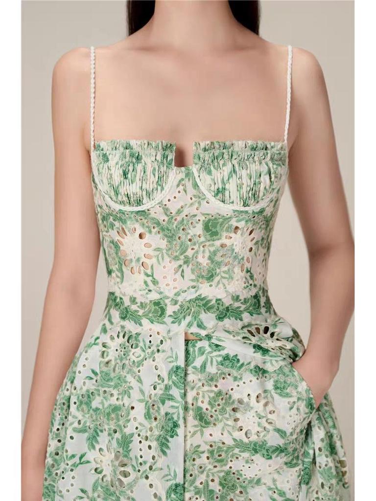 Vietnamese Designer Floral Embroidered Suspender Dress & Slim Split Long Skirt Set