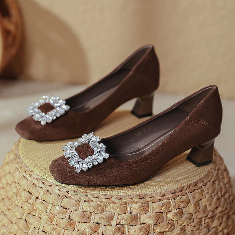 Thick heel single shoes 2025 new spring and autumn women's shoes suede temperament medium heel rhinestone square buckle French square head high heels