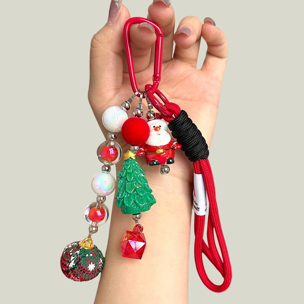 Christmas Bag Charm With Santa Claus And Christmas Tree Beads Festive Red Braided Strap Accessory For Backpack Purse Bag Charm