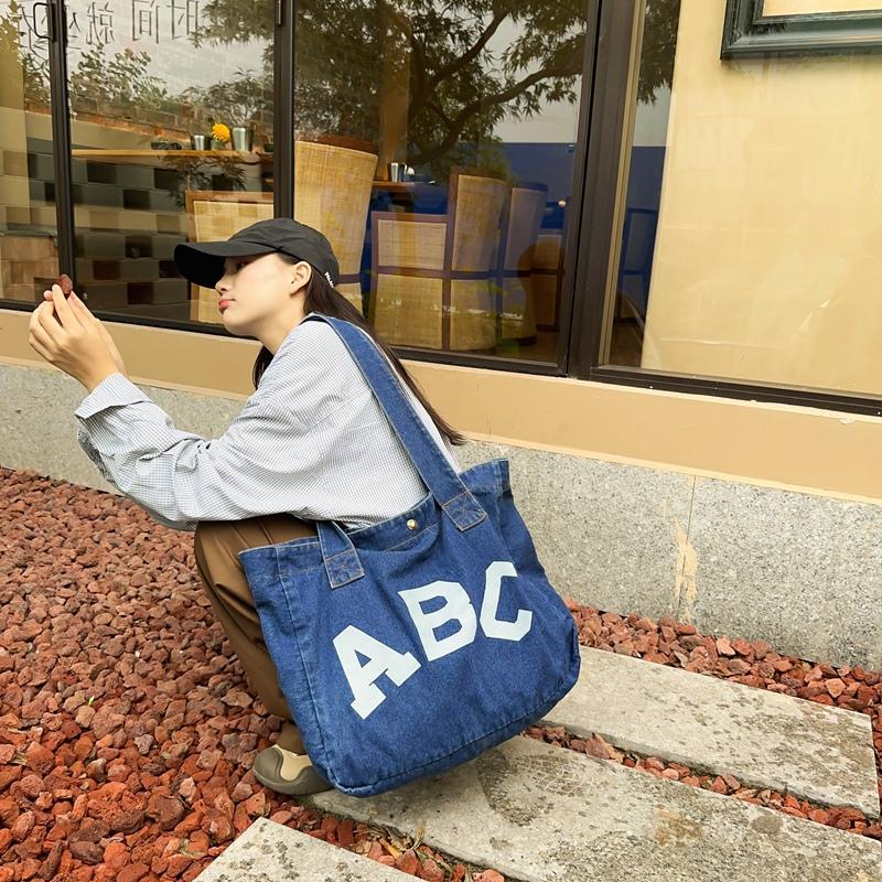 Large Capacity Denim Bag Female Letter Tote Bag Student Shoulder Bag