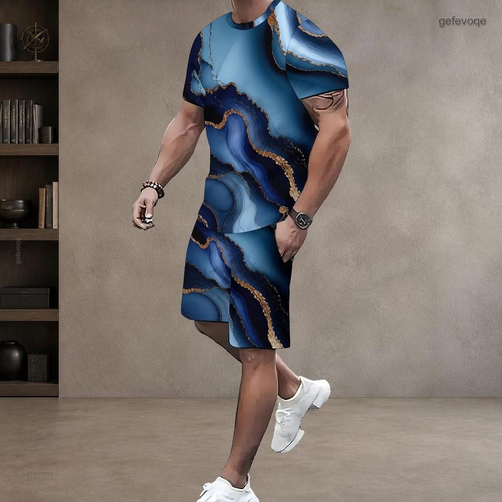 Men Plus Size Round Neck Short Sleeve Cyan Colorful Striped Printed T Shirt And Pocket Shorts Two Piece Set