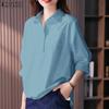 ZANZEA Women Turn Down Collar Loose Casual 3/4 Sleeve Plain Blouse
