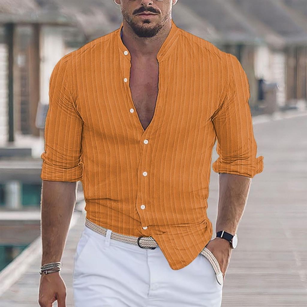 Cămașă de in ușoară pentru bărbați, casual, cu nasturi, cu mânecă lungă, textură de lucru, tricou simplu, top pentru vacanță la plajă