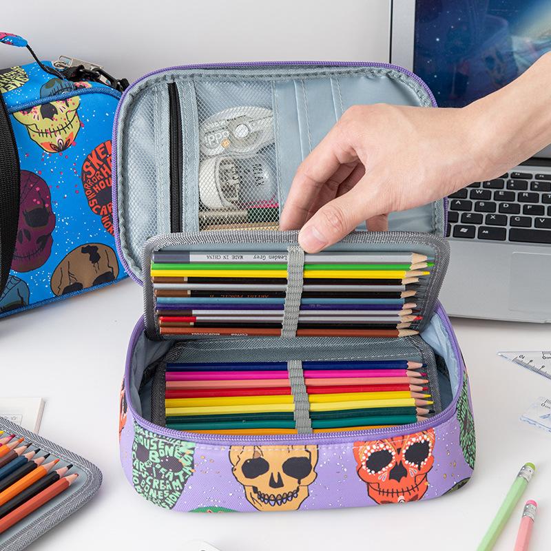 Large-capacity 72-hole Color Lead Watercolor Brush Multi-functional Pencil Bag Detachable Strap Cartoon Skull Pen Bag
