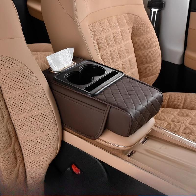 4-in-1 Car Armrest Cushion with Tissue Box & Cup Holder, Brown Quilted Console Organizer Pad(34x18x7cm) 34*18*7cm коричневый
