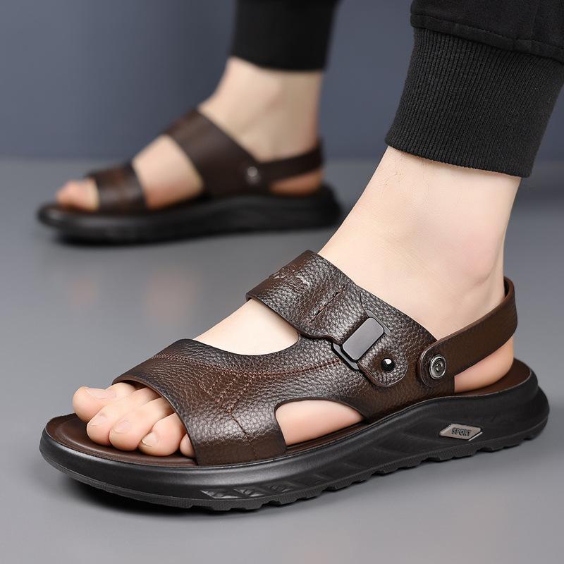 Men's sandals summer first layer cowhide cool slippers men's non-slip soft-soled outdoor beach shoes 2025