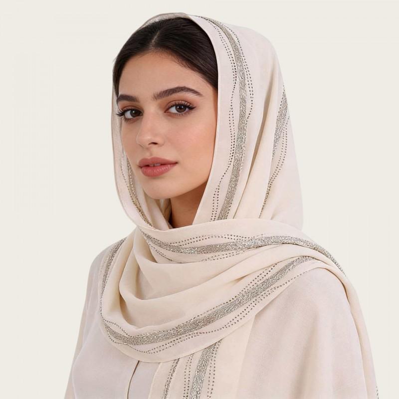 Womens Lightweight Chiffon Scarf With Pearl Embellishment Ethnic Print Wrap Shawl UV Protection Cover Head Accessory Daily Wear Travel