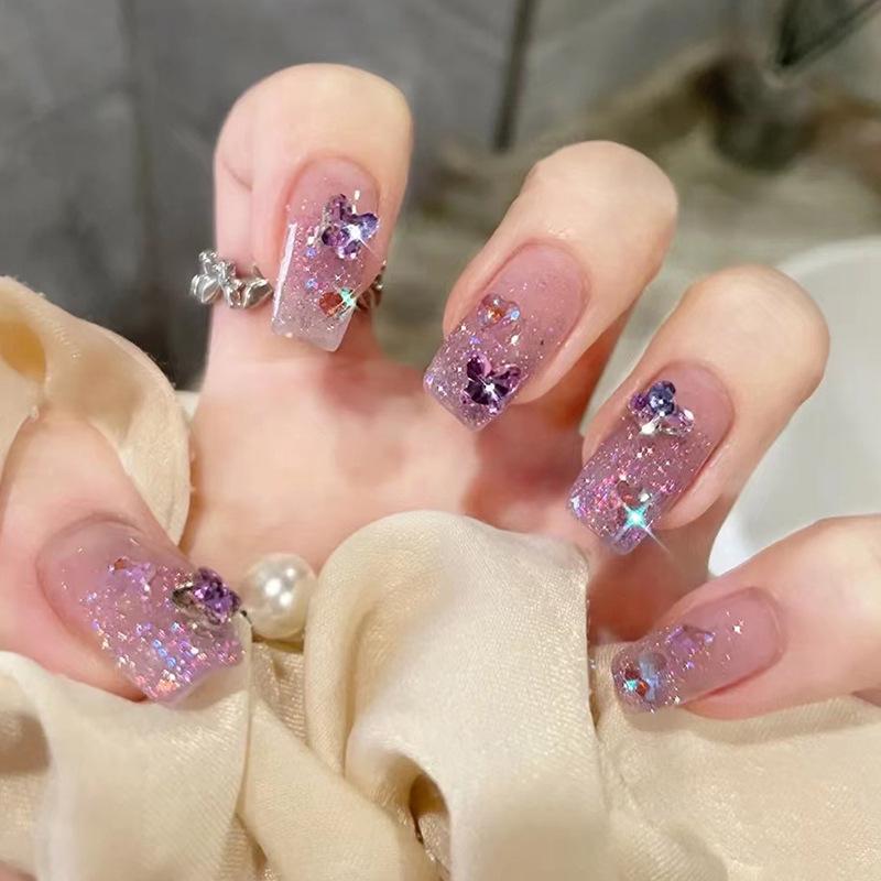 Wear nail diamond finished Aurora butterfly shiny fragments ice powder nail patch ultra-thin nail piece medium and long nail