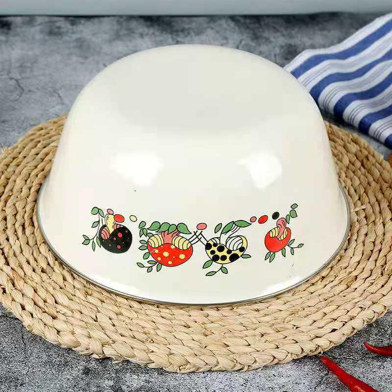 Vintage Enamel Storage Bowl with Lid - Large Capacity Soup & Noodle Basin