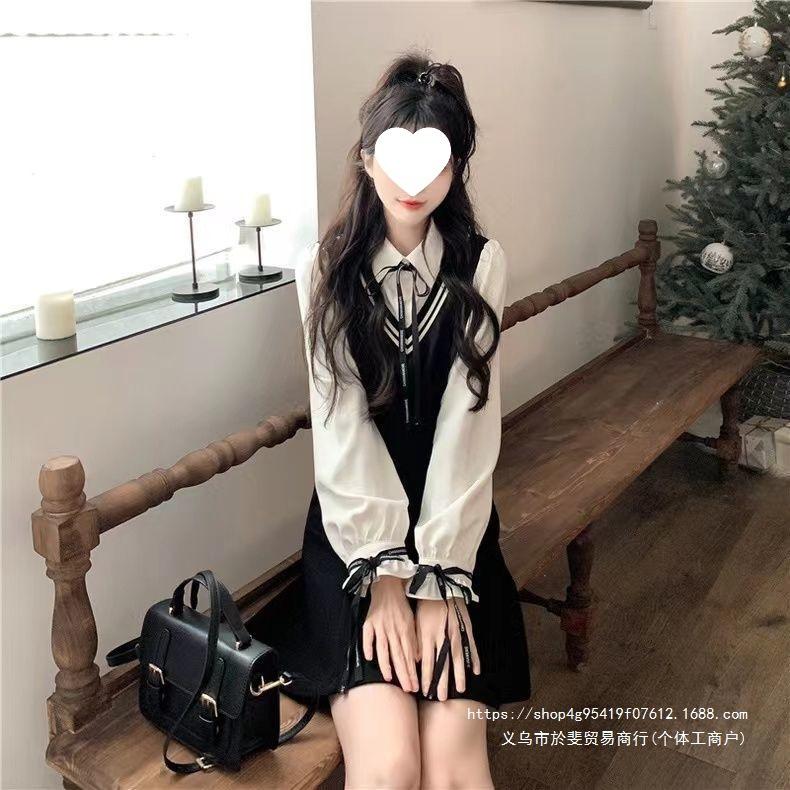 Autumn college style long-sleeved dress splicing contrasting color fake two pieces showing thin age-reducing collar skirt women