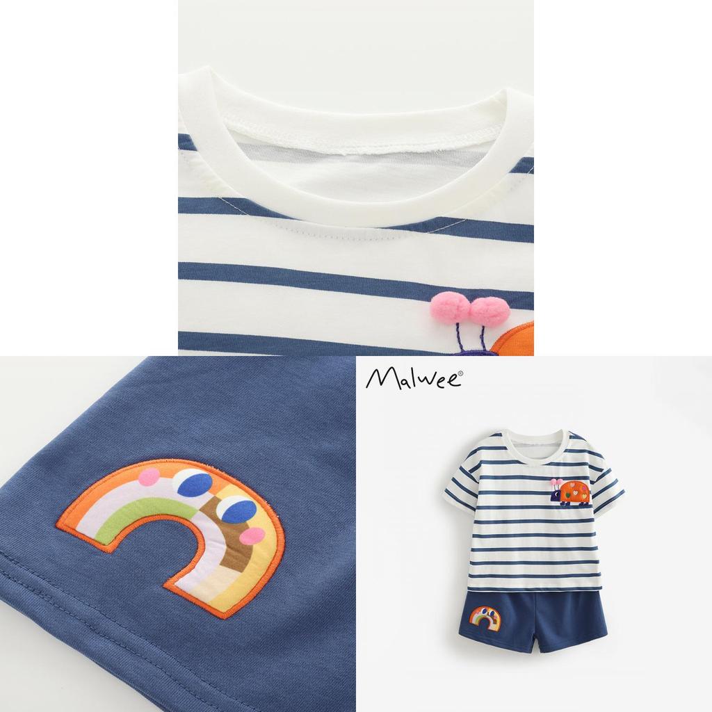 Girl Summer Cotton Striped Twopiece Set With Short Sleeve Top And Shorts For Kids