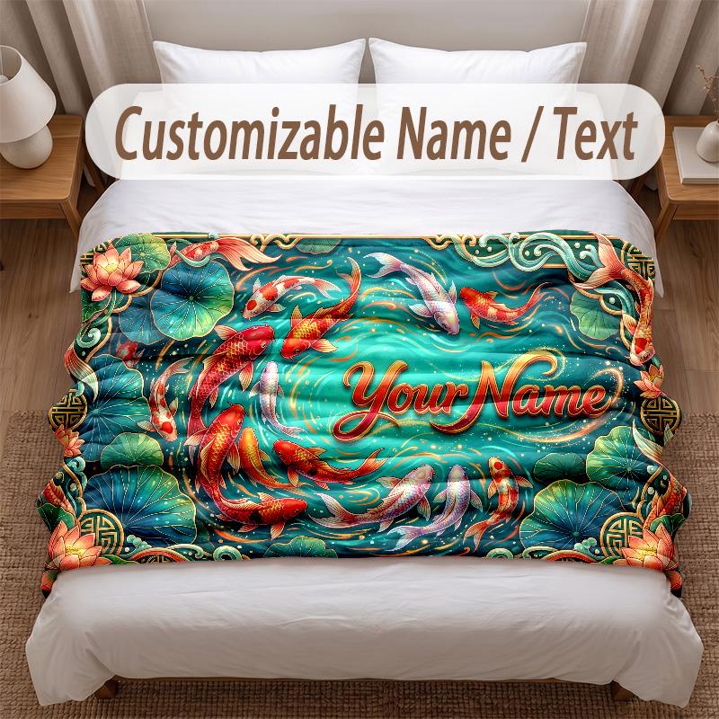 Koi Fish Theme Soft Blanket Personalized Custom Name Text Print Warm Blanket Home Sofa Bedroom Decor