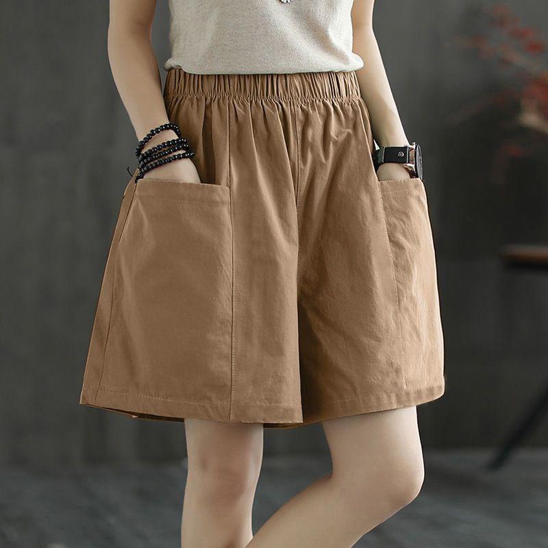 Women's Summer Casual Wide-Leg High Waist Plus Size Wool Shorts with Slimming Fit and Pockets