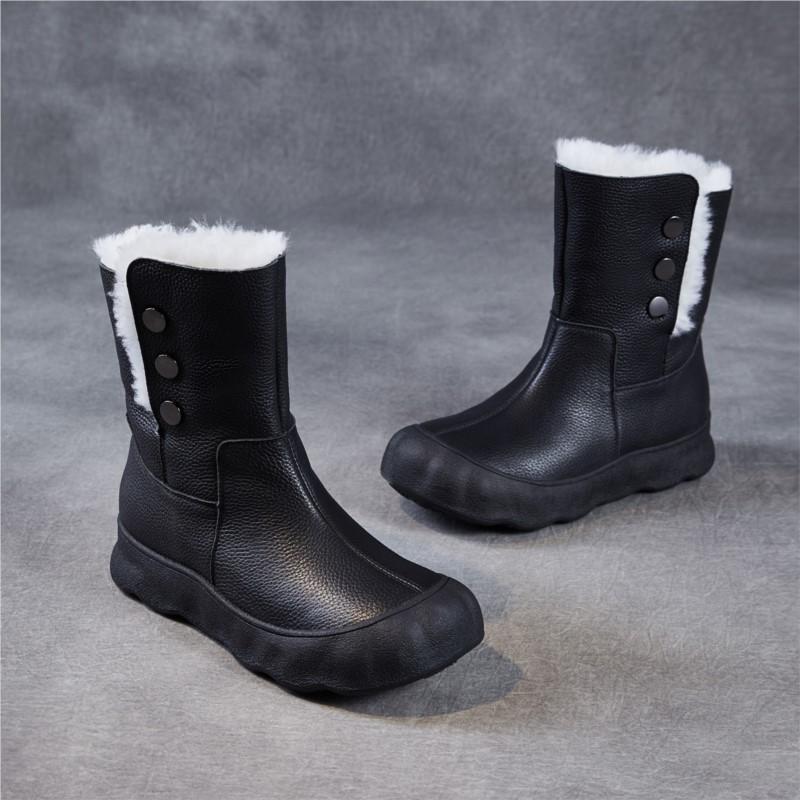 Johnature Genuine Leather Snow Boots Women's Shoes Plush Warm Versatile Soft Soled Mid-calf Boots