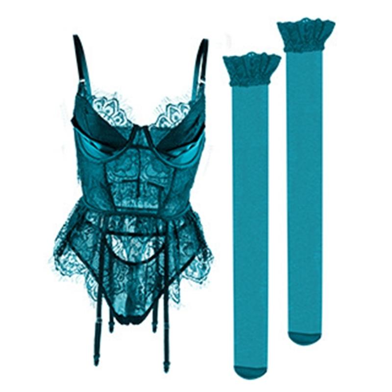3Pcs Womens Lingerie Underwire Lace Lingerie Sets with Garter Belts One Pieced Bodysuit Teddys with Panty Stockings