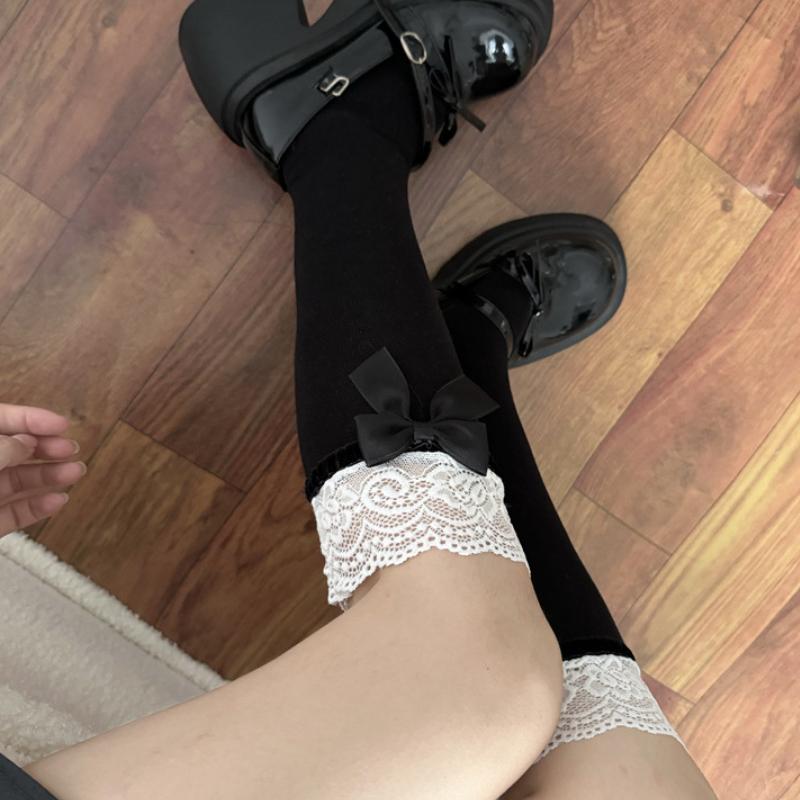 1-2pairs 2025 New Japanese Girl White Lace Bow Calf Socks Lolita Cute Knee High Mid Leg Socks Y2K Pile Socks