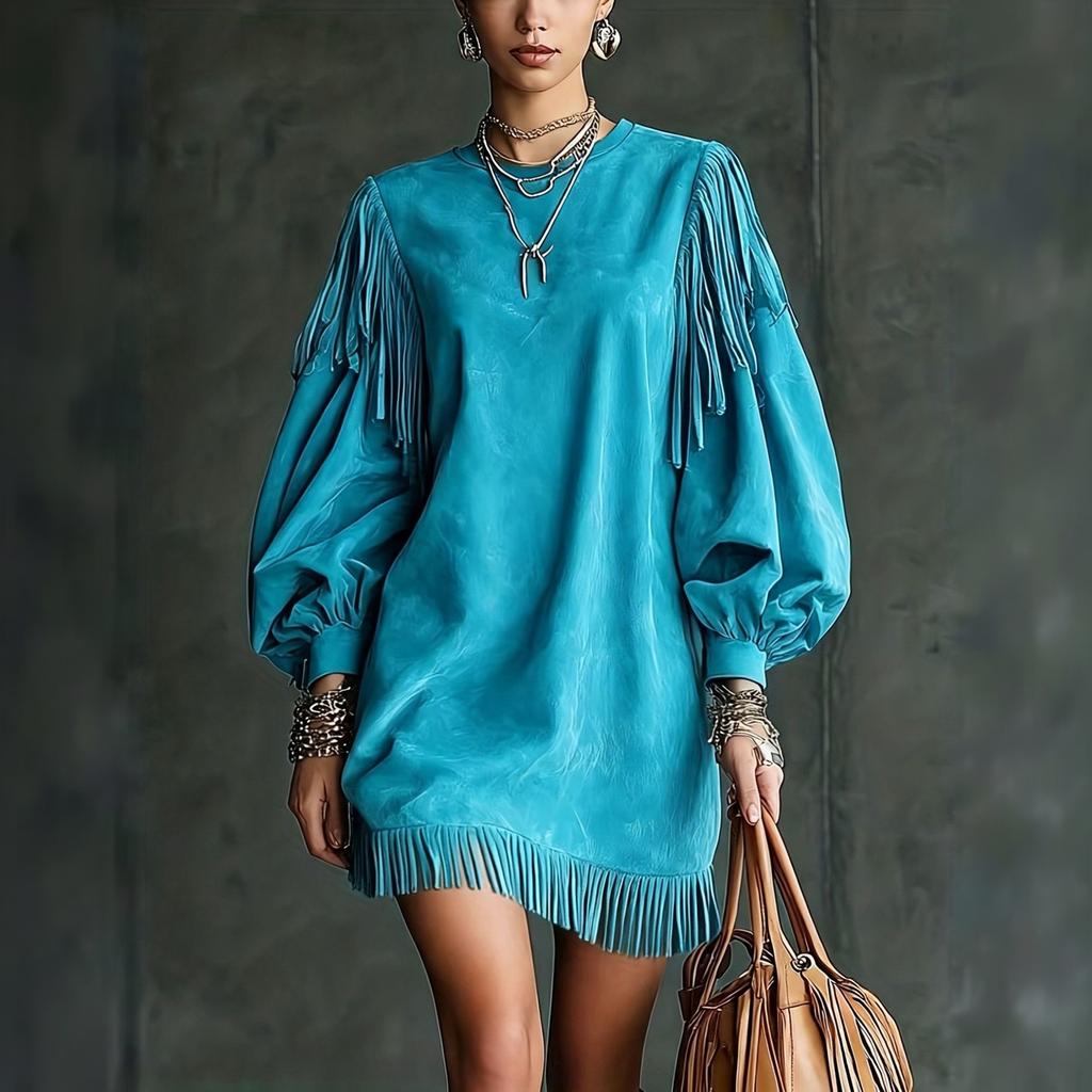 Damen Boho Quastenärmel Kurzkleid Lockerer Schnitt Mehrfarbig für Arbeit und Urlaub