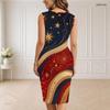 Women Plus Size V Neck Sleeveless White Printed Bodycon Midi Dress