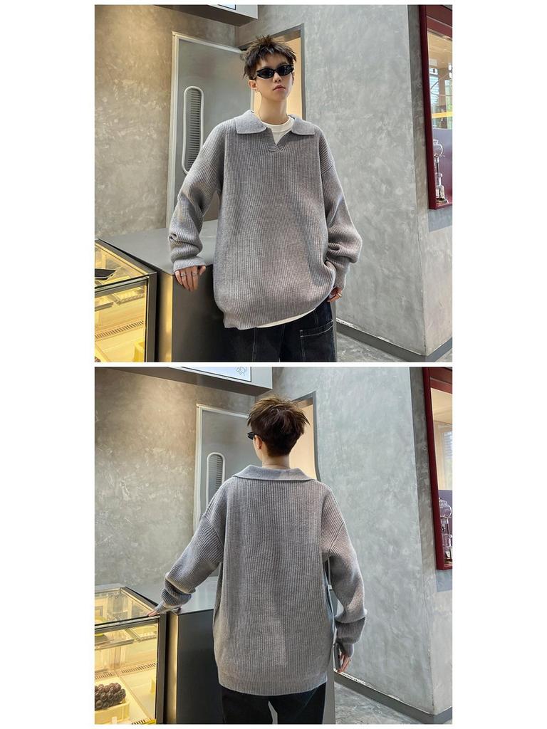 Men's Winter American Style Black Knit Polo Sweater