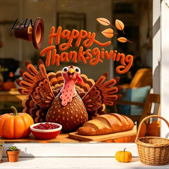 Easy Apply Window Paster Autumn Thanksgiving Turkey Static Sticker, Decorative Removable PVC Decals, Harvest Festival Art Theme Wall Clings for Indoor