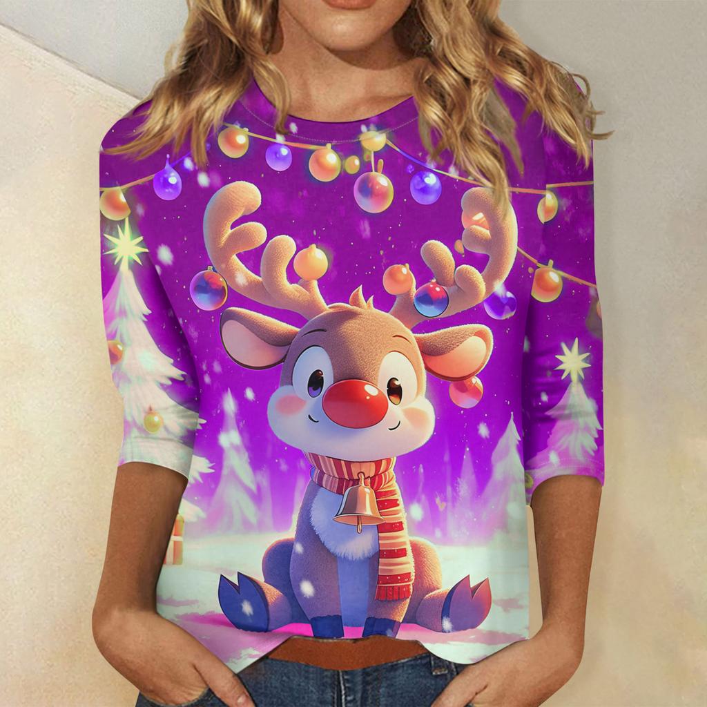 Ladies' Christmas Printed Fashionable Casual Seven Quarter Sleeved Round Neck Top