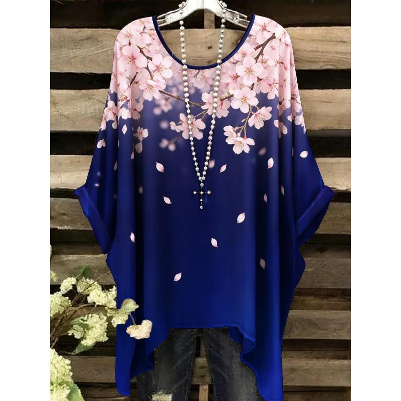 Summer Top Women Arrival Elegant Vacation Style Plus Size Simple Casual Meteor Pattern Print Irregular Hem Round Neck T-Shir