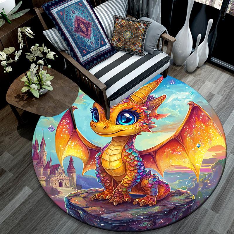 Fantasy Dragon Castle Round Area Rug,Carpet Rug for Living Room Bedroom Sofa Playroom Decor,Non-slip Floor Mat