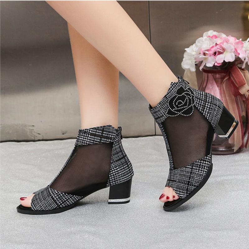Fashion 2024 Summer Women's Sandals Fish Mouth Shoes Mid-heel Large Size Women's Shoes Breathable Women's Shoes Lace Mesh High Heels