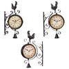 Vintage Double Sided Wall Clock Iron Metal Silent Wall Clock with Decorative Bell Rooster Statue Sculpture Wall Ornament