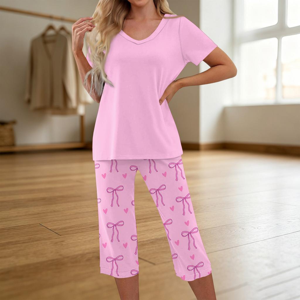 Women's Printed Two Piece Short Sleeve Pajama Set with Pants for Casual Sleepwear