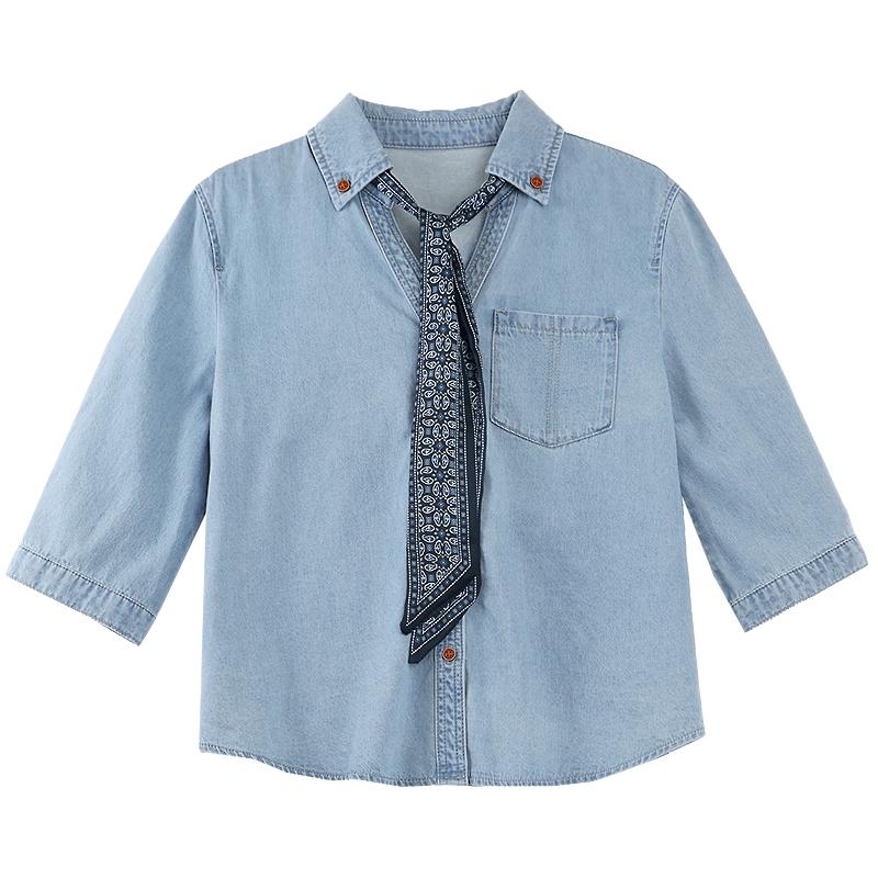 Betu Women s V-Neck Denim Top with Scarf S