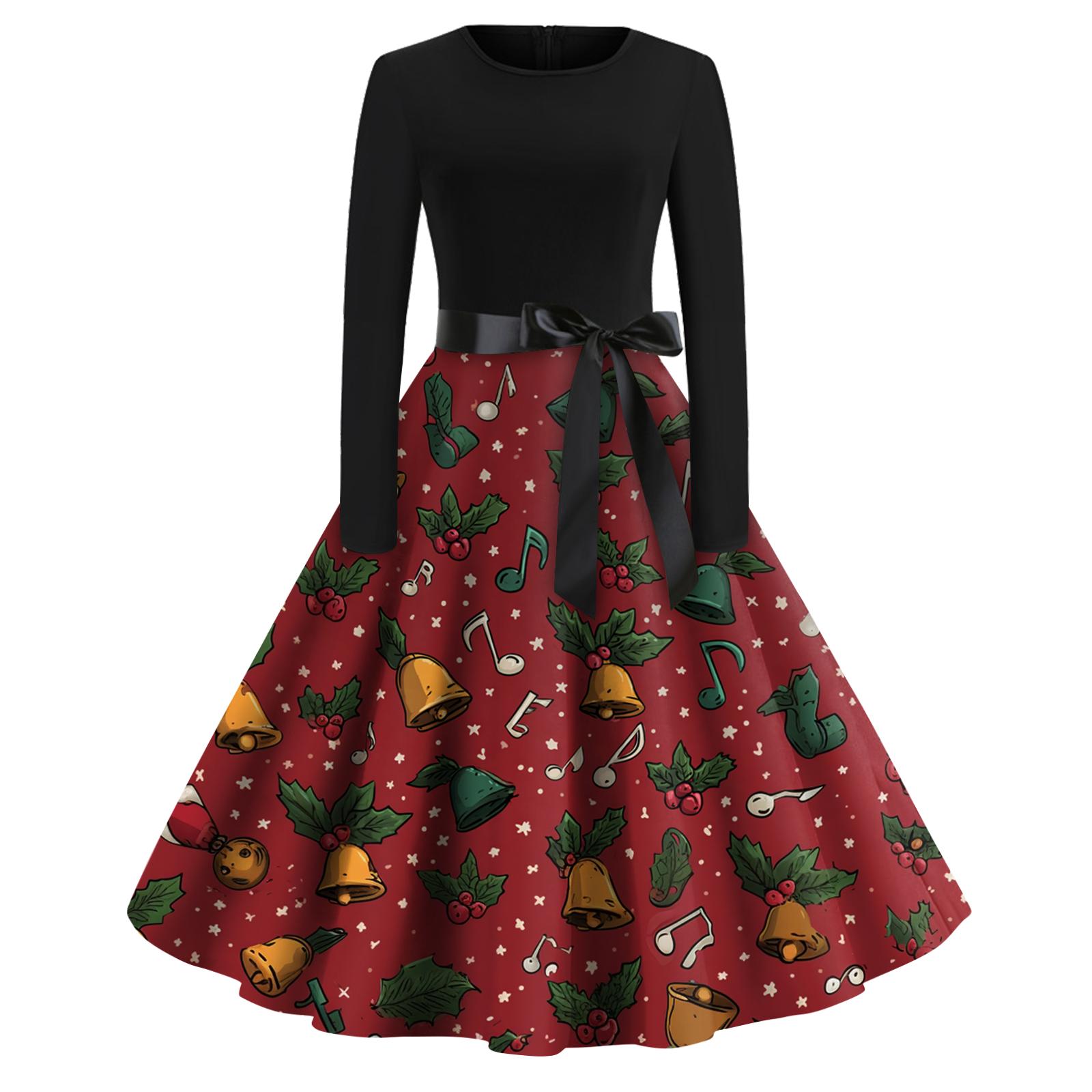 

Женское модное повседневное платье приталенного кроя с круглым вырезом, рождественским принтом и длинными рукавами XL винный