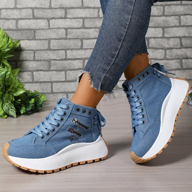 

Fashion 2025 New Lace Up Denim Sneakers Women Spring Autumn Zipper Decoration Sports Shoes Woman Chunky Heel High Top Causal Shoes Mujer 42