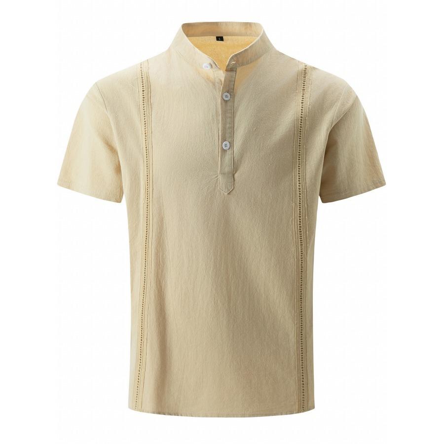 Hallow Stripe Cotton Shirts Mens Vacation Solid Buttons Stand Collar Short Sleeve Shirt Casual Men White Blue Men Clothes
