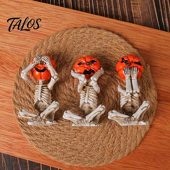 Spooky Desktop Ornament 3 Pcs Halloween Skeleton Statue, Hear See Speak No Evil Pumpkin Head Skull Figurine Figurine, Resin for Mantel, Table, Tiered