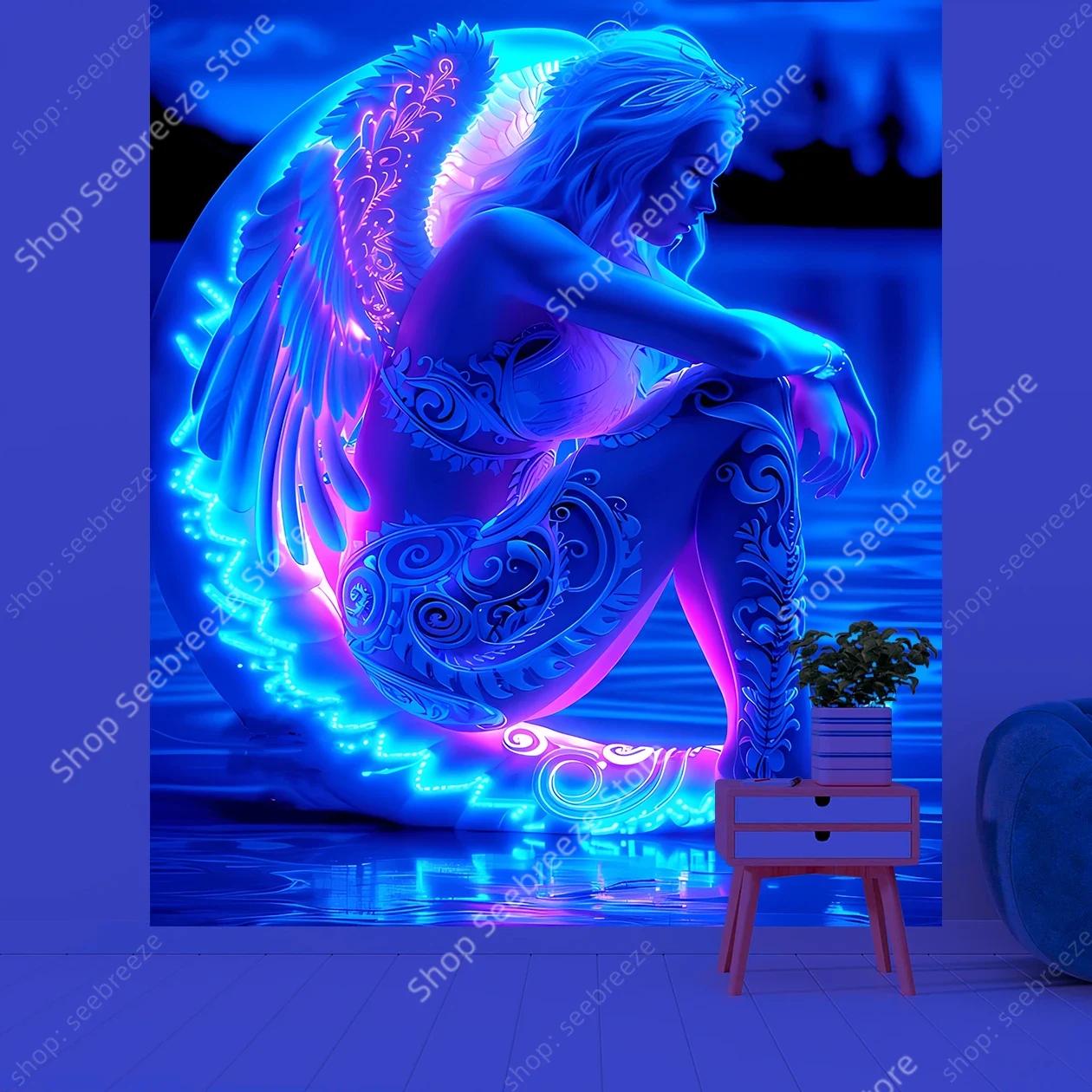 Trippy Girl UV Reactive Poster Tapestry Witchcraft Hippie Wall Hanging Bohemian Mandala Art Aesthetic Kawaii Room Wall Decor 100X70CM