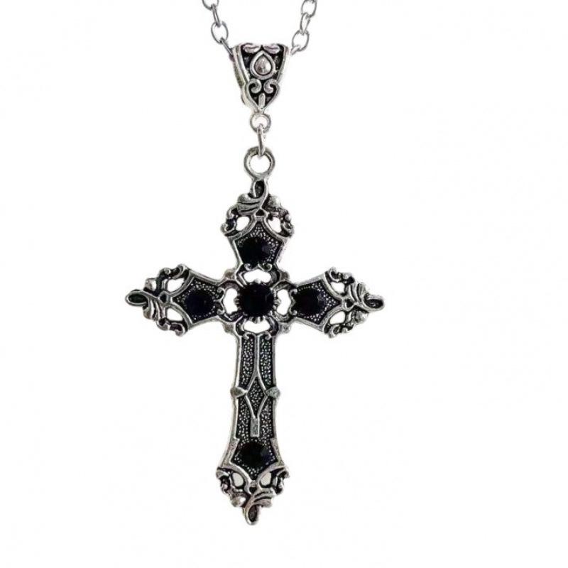 Gothic Retro Black Ruby Cross Pendant Necklace for Men and Women