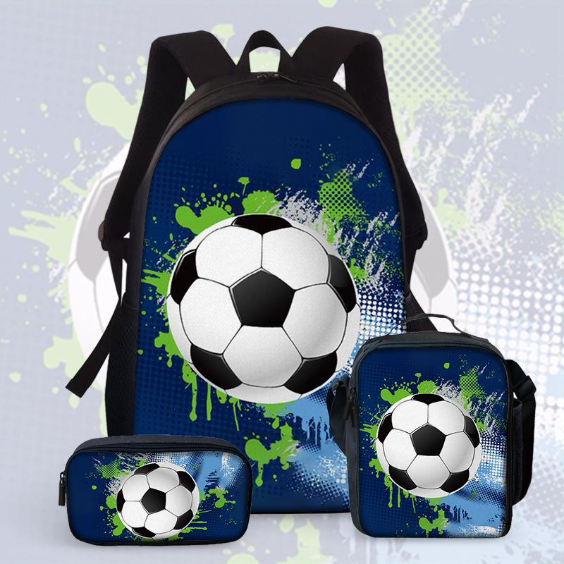 Football Cartoon Print Junior High School Backpack Three-Piece Children'S Schoolbag Primary School Backpack