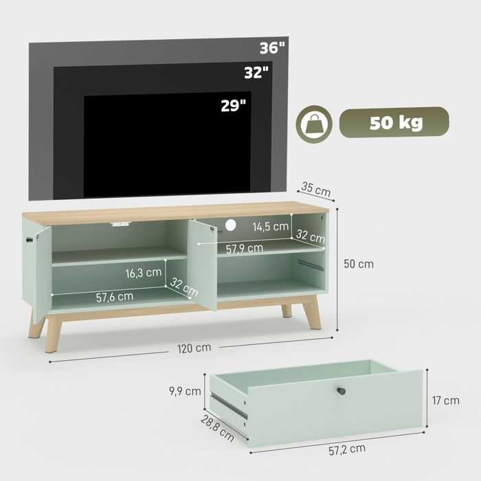 Mueble de TV - HOMCOM - para televisor de 36 pulgadas - 2 puertas, cajón, compartimento abierto - MDF - 120 x 35 x 50 cm - verde claro