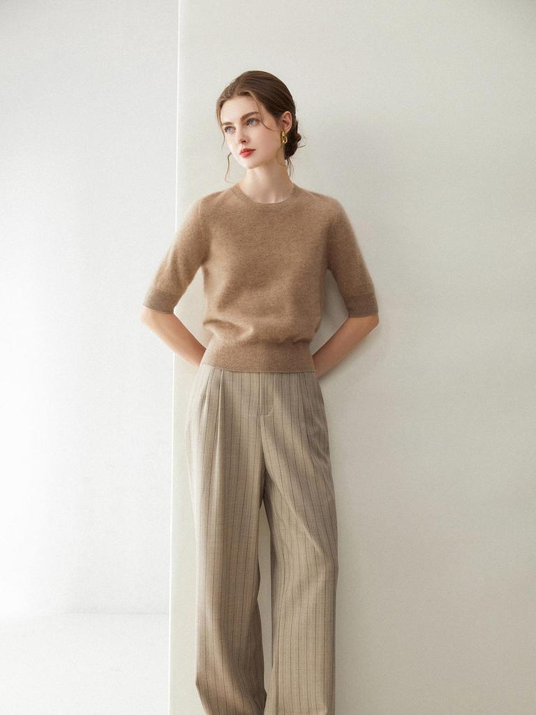 2026 Autumn/Winter Women's Pure Cashmere Short Sleeve Round Neck Loose Knit Sweater
