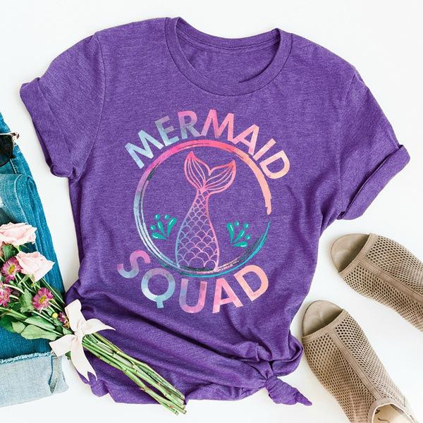 Colorful Mermaid Squad Print T Shirt Women Short Sleeve O Neck Loose Tshirt Summer Women Tee Shirt Tops Camisetas Mujer